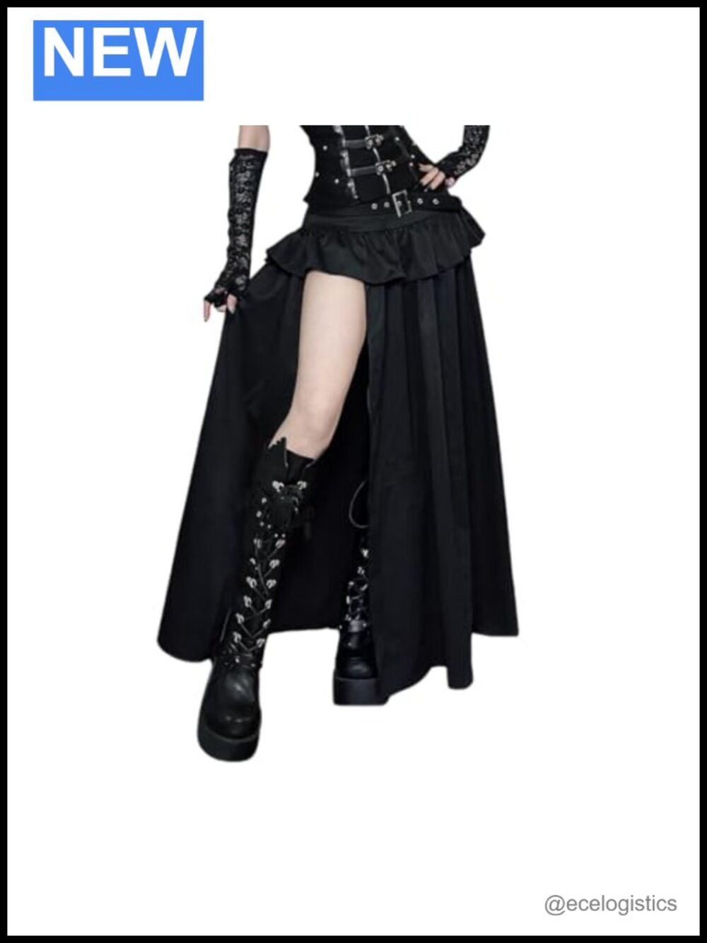 High Waisted Gothic Slit Maxi Skirt Polyester Spandex Layered Punk
